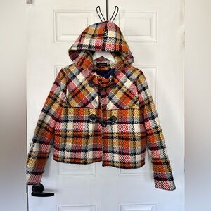 Zara Hooded Plaid Toggle Peacoat in Red, Yellow & Black